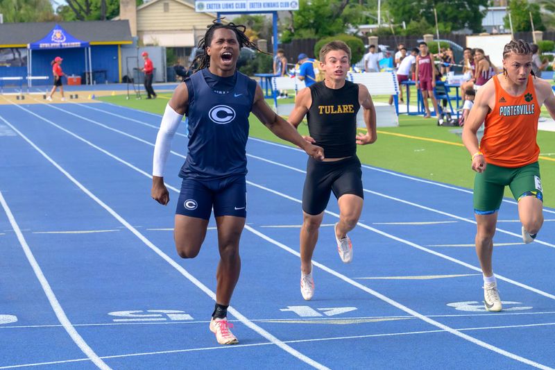 Central Valley ChristianÕs Shondel Hogan sprints to first in the boys 100m race at the Don Kavadas Tulare County Track and Field Championships held April 24, 2026 at Monarch Stadium, Exeter Union High School.