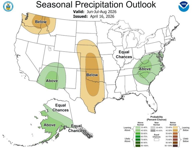 Precipitation outlook for the U.S. from June through August, issued on April 16, 2026.