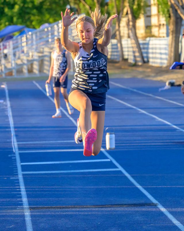 Redwood's Brynne Amundson wins the girls triple jump at the Don Kavadas Tulare County Track and Field Championships held April 24, 2026 at Monarch Stadium, Exeter Union High School.