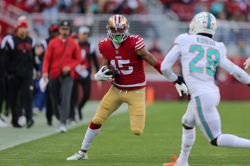 Dec 4, 2022; Santa Clara, California, USA; San Francisco 49ers wide receiver Jauan Jennings (15) during the game against the Miami Dolphins at Levi's Stadium. Mandatory Credit: Sergio Estrada-USA TODAY Sports