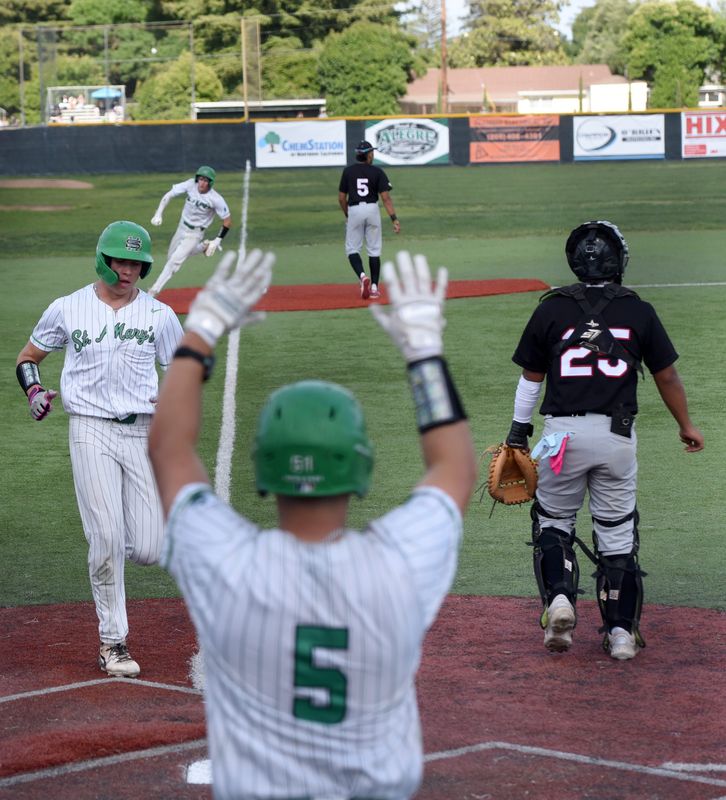St. Mary's Jeremy Krause scores a run during their game against Lincoln in Stockton Monday, April 27, 2026.