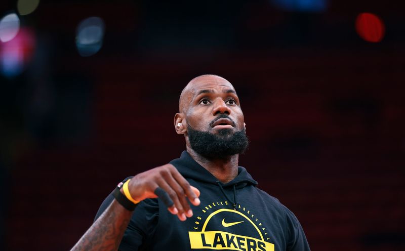 Apr 24, 2026; Houston, Texas, USA; Los Angeles Lakers forward LeBron James (23) warms up before game three of the first round of the 2026 NBA Playoffs against the Houston Rockets at Toyota Center. Mandatory Credit: Troy Taormina-Imagn Images