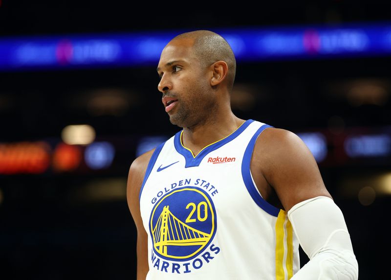 Apr 17, 2026; Phoenix, Arizona, USA; Golden State Warriors center Al Horford (20) against the Phoenix Suns during the play-in rounds of the 2026 NBA Playoffs at Mortgage Matchup Center. Mandatory Credit: Mark J. Rebilas-Imagn Images