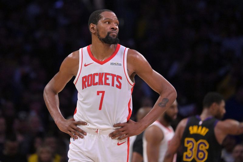 Apr 21, 2026; Los Angeles, California, USA; Houston Rockets forward Kevin Durant (7) looks on from the court in the second half of game two of the first round of the 2026 NBA Playoffs against the Los Angeles Lakers at Crypto.com Arena. Mandatory Credit: Jayne Kamin-Oncea-Imagn Images