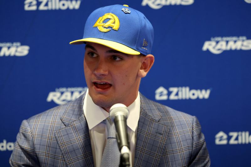 Apr 24, 2026; Inglewood, CA, USA; Los Angeles Rams first-round draft pick Ty Simpson speaks to media during a press conference at Code Next at Hollywood Park. Mandatory Credit: Kiyoshi Mio-Imagn Images