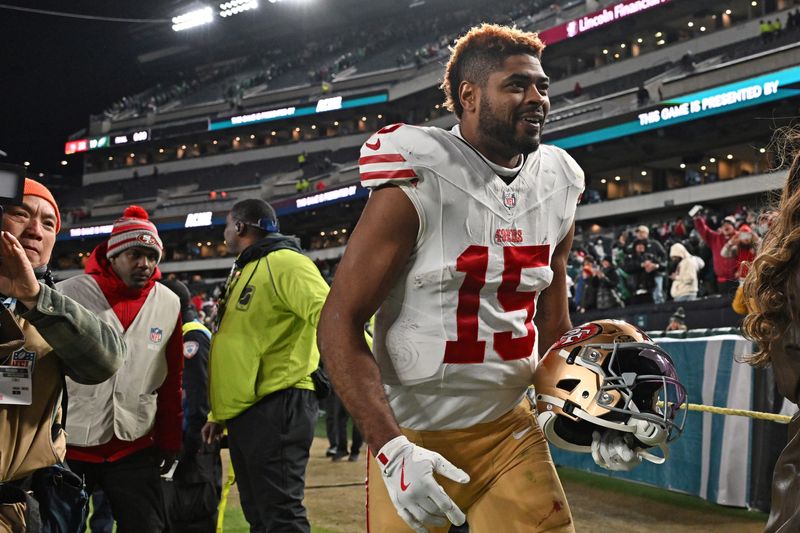Jan 11, 2026; Philadelphia, PA, USA; San Francisco 49ers wide receiver Jauan Jennings (15) walks off the field after win against the Philadelphia Eagles in an NFC Wild Card Round game at Lincoln Financial Field. Mandatory Credit: Eric Hartline-Imagn Images