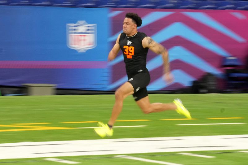 Feb 28, 2026; Indianapolis, IN, USA; Mississippi State wideout Brenen Thompson (WO39) runs in the 40-yard dash during the NFL Scouting Combine at Lucas Oil Stadium. Mandatory Credit: Kirby Lee-Imagn Images