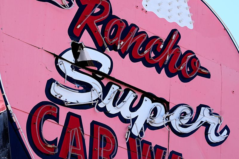 The historic Elephant Car Wash sign in Rancho Mirage, seen Tuesday, April 28, after it sustained damage from a fatal car crash.