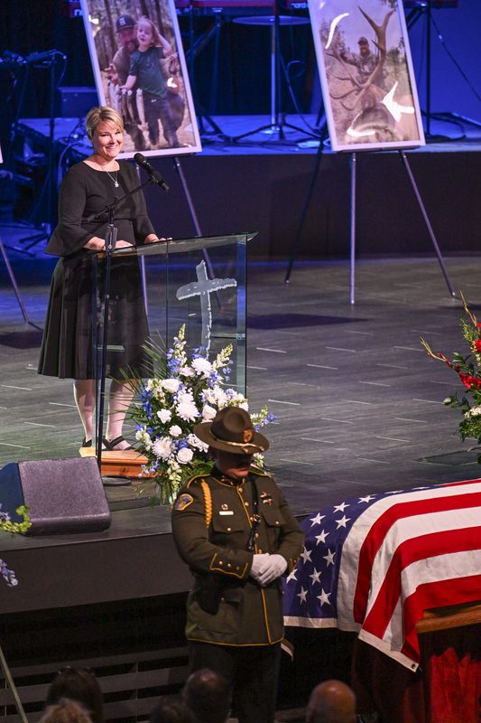 Ashley Hoppert, wife of fallen TCSO Detective Randy Hoppert, speaks Tuesday, April 28, 2026 at Visalia First Assembly Church in Visalia. Her husband was killed April 9 in the line of duty.