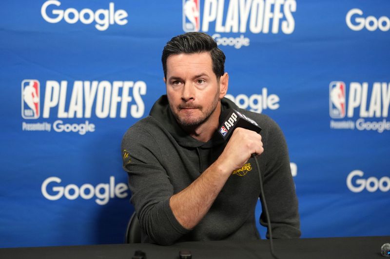 Apr 18, 2026; Los Angeles, California, USA; Los Angeles Lakers head coach JJ Redick during game one of the first round of the 2026 NBA Playoffs against the Houston Rockets at Crypto.com Arena. Mandatory Credit: Kirby Lee-Imagn Images