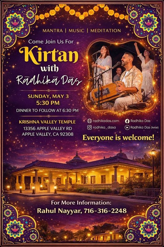 Radhika Das will bring the power of transcendental sound, including devotion, mantra music and meditation to Krishna Valley Temple in Apple Valley. The even is scheduled for May 3, 2026.