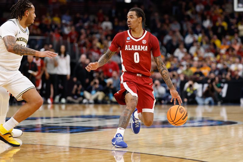 Mar 27, 2026; Chicago, IL, USA; Alabama Crimson Tide guard Labaron Philon Jr. (0) looks to pass during the first half against the Michigan Wolverines during a Sweet Sixteen game of the Midwest Regional of the men's 2026 NCAA Tournament at United Center. Mandatory Credit: Kamil Krzaczynski-Imagn Images