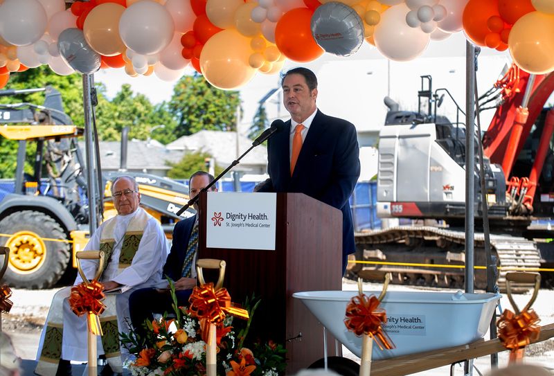 David Ziolkowski, president and CEO of St. Joseph’s Medical Center, speaks at the groundbreaking ceremony for St. Joseph’s new expansion tower at the hospital’s campus in Stockton on Apr. 29, 2026.