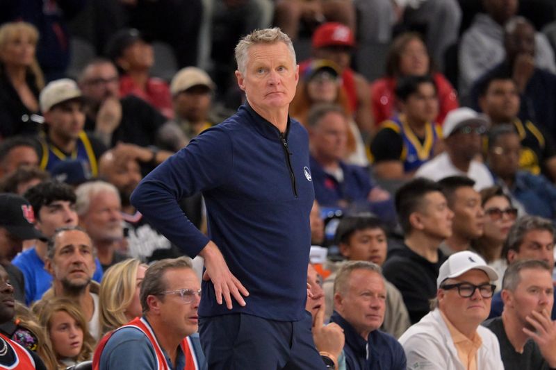 Apr 15, 2026; Inglewood, California, USA; Golden State Warriors head coach Steve Kerr in the second half against the Los Angeles Clippers during the play-in rounds of the 2026 NBA Playoffs at Intuit Dome. Mandatory Credit: Jayne Kamin-Oncea-Imagn Images