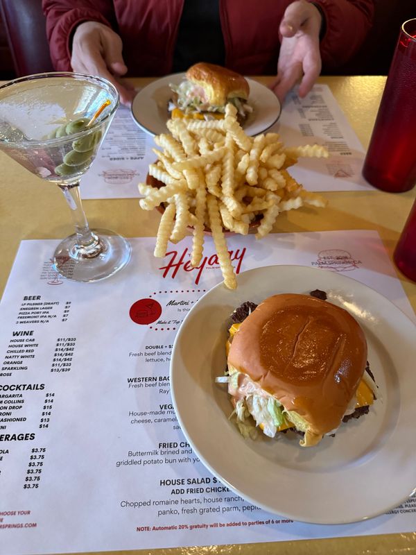 The burger and martini combo is a favorite among patrons at The Heyday in Palm Springs.