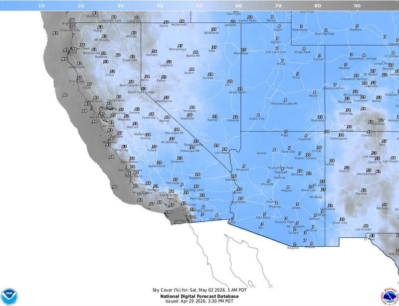 A National Weather Service map showing forecasted cloud coverage in the Southwestern United States at 5 a.m. on May 2, 2026.