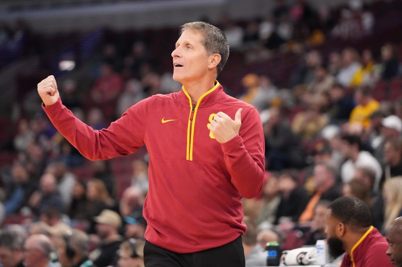 Mar 11, 2026; Chicago, IL, USA; Southern California Trojans head coach Eric Musselman gestures to his team against the Washington Huskies during the first half at United Center. Mandatory Credit: David Banks-Imagn Images