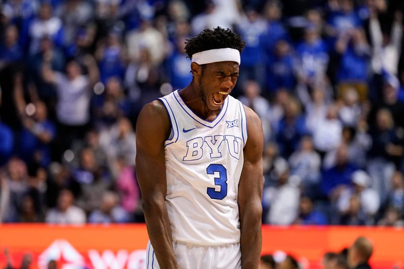 Feb 21, 2026; Provo, Utah, USA; BYU Cougars forward AJ Dybantsa (3) reacts during the second half against the Iowa State Cyclones at Marriott Center. Mandatory Credit: Aaron Baker-Imagn Images