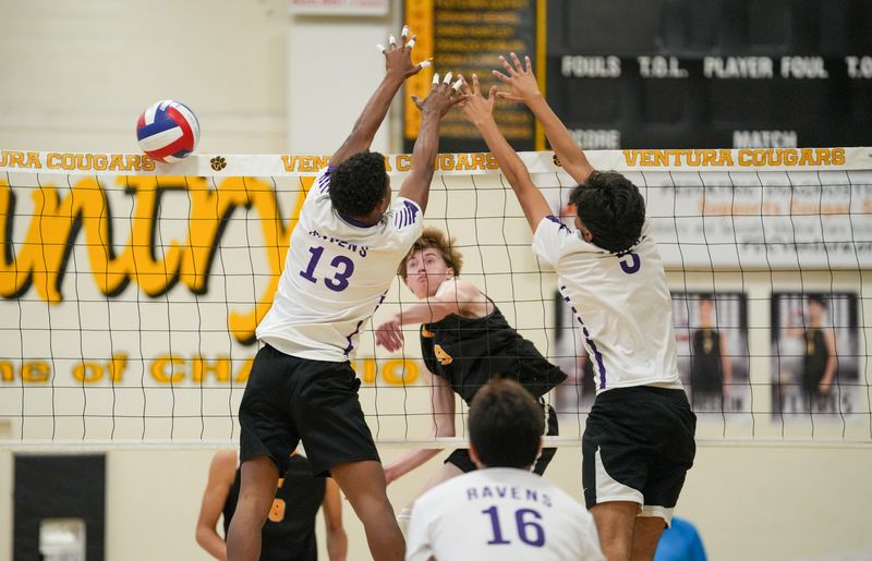 Ventura outside hitter Fletcher Duffey fires a hit past the block during a first-round victory over Vista Del Lago in the CIF-Southern Section Division 5 boys volleyball playoffs on Wednesday, April 29, 2026, at Ventura High.
