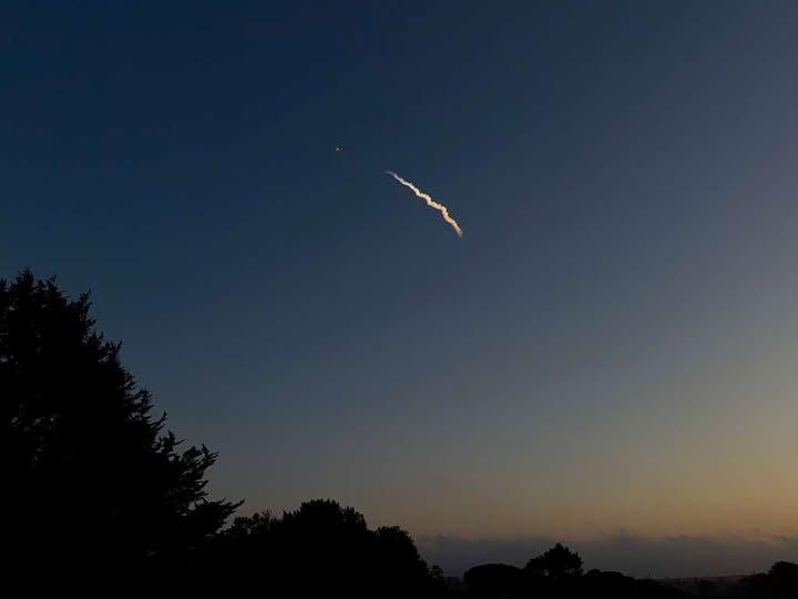A SpaceX Falcon 9 rocket is pictured April 29 in the California sky after launching from the Vandenberg Space Force Base on a mission to deploy Starlink satellites.