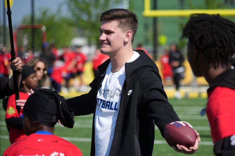 Apr 22, 2026; Pittsburgh, PA, USA; Alabama Crimson Tide quarterback Ty Simpson during the NFL Draft prospects clinic at Hazelwood Green Park. Mandatory Credit: Kirby Lee-Imagn Images