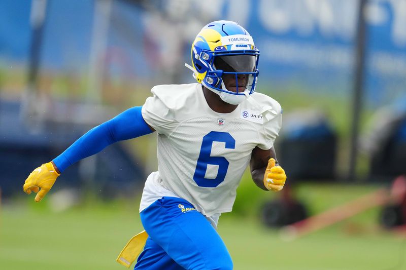May 23, 2023, Thousand Oaks, CA, USA; Los Angeles Rams cornerback Tre'Vius Hodges-Tomlinson (6) during organized team activities at Cal Lutheran. Mandatory Credit: Kirby Lee-USA TODAY Sports