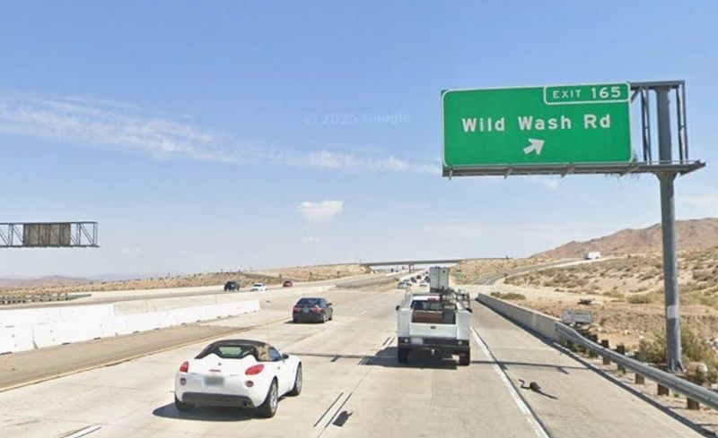 The northbound 15 Freeway, approaching Wild Wash Road, in an unincorporated area of San Bernardino County north of Apple Valley.