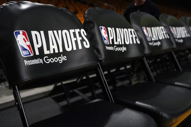 Apr 18, 2026; Los Angeles, California, USA; The NBA Playoffs logo on the seats during game one of the first round of the 2026 NBA Playoffs between the Los Angeles Lakers and the Houston Rockets at Crypto.com Arena. Mandatory Credit: Kirby Lee-Imagn Images