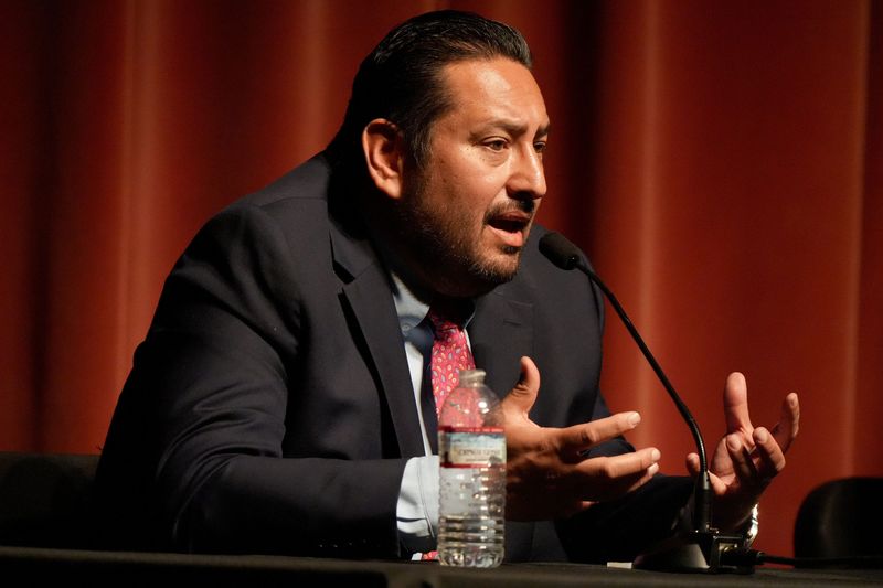 Ventura County Superintendent of Schools César Morales speaks at a forum at the Thousand Oaks Civic Arts Plaza's Scherr Forum Theatre on April 30. He faces educators Karen Sher and Maggie Marschner.