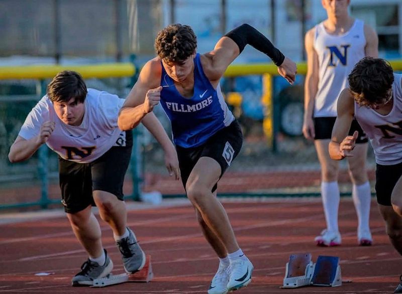 Fillmore High junior Saul Fraga-Sandoval won the 100-meter and 200-meter dashes and the long jump at the Citrus Coast League Track and Field Championships on Thursday, April 30, 2026, at Carpinteria High.
