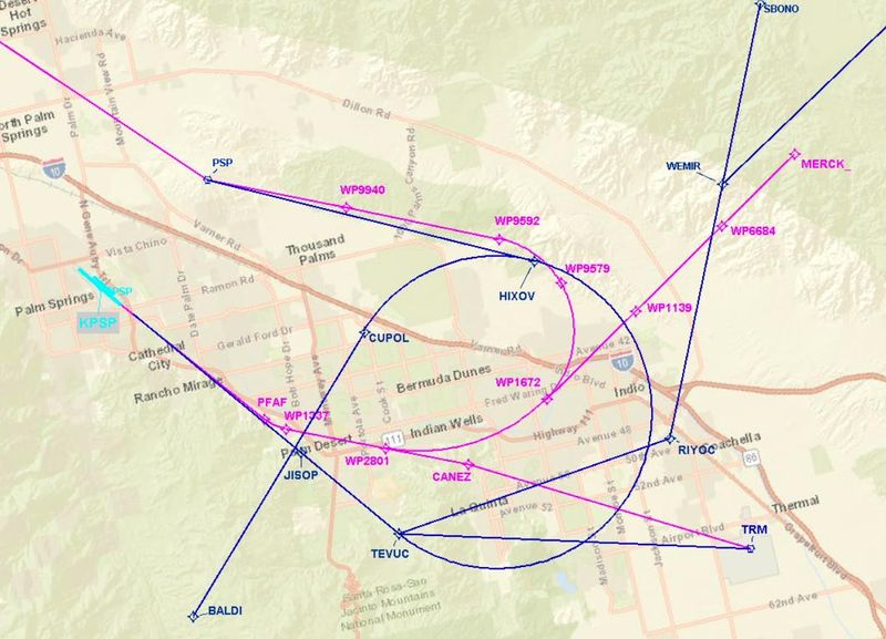 A map shows recent changes to the flight paths for planes arriving at the Palm Springs International Airport. The prior routes are shown in blue, while the new flight paths implemented in June 2025 are shown in pink.