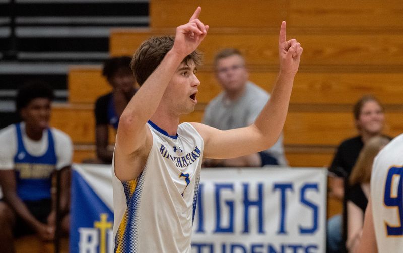 Ripon Christian’s Mason Tameling celebrates winning a point during the Sac-Joaquin Section Boys Volleyball Division 3 playoff match against McNair at Ripon Christian High School on Ripon on May 1, 2026. Ripon Christian won 3-0.