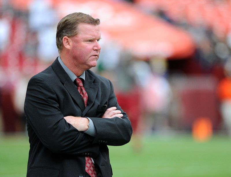 Sep 20, 2015; Landover, MD, USA; Washington Redskins general manager Scot McCloughan walks on the field prior to the Redskins' game against the St. Louis Rams at FedEx Field. Mandatory Credit: Brad Mills-USA TODAY Sports