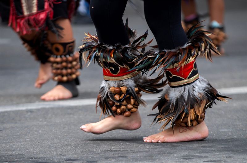 Members of the Tonantzin Guadalupe Stockton Aztec dance group performs in El Concilio’s annual Cinco De Mayo parade in downtown Stockton on May 3, 2026.