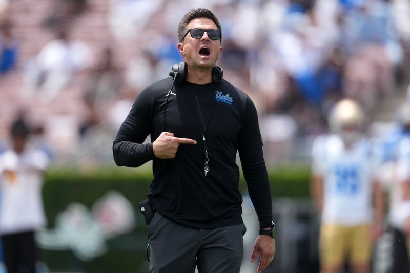 May 2, 2026; Pasadena, CA, USA; UCLA Bruins coach Bob Chesney reacts during the spring game at Rose Bowl. Mandatory Credit: Kirby Lee-Imagn Images