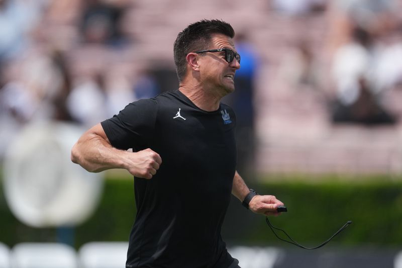 May 2, 2026; Pasadena, CA, USA; UCLA Bruins coach Bob Chesney reacts during the spring game at Rose Bowl. Mandatory Credit: Kirby Lee-Imagn Images