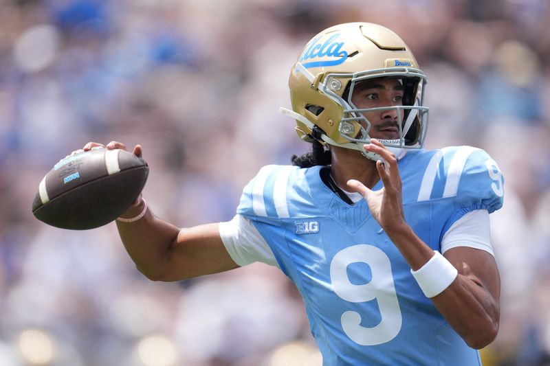 UCLA Bruins quarterback Nico Iamaleava (9) throws the ball during the spring game May 2, 2026 at the Rose Bowl.