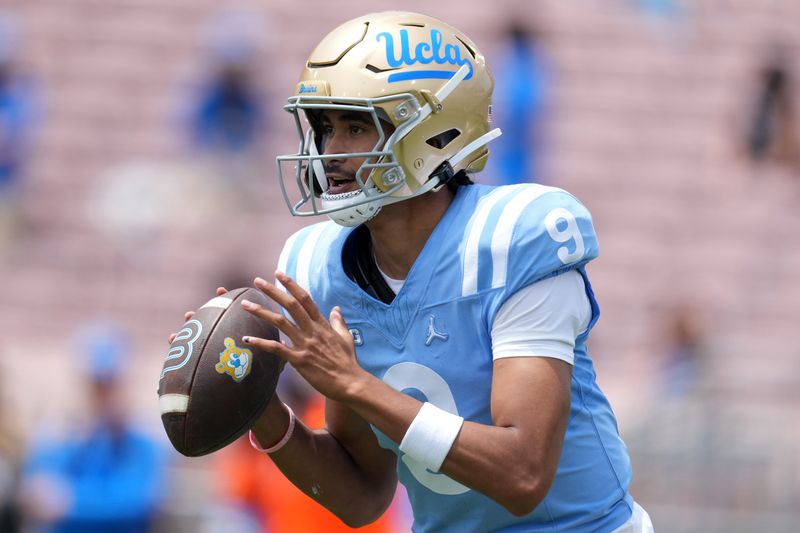 May 2, 2026; Pasadena, CA, USA; UCLA Bruins quarterback Nico Iamaleava (9) throws the ball during the spring game at Rose Bowl. Mandatory Credit: Kirby Lee-Imagn Images
