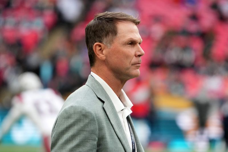 Oct 20, 2024; London, United Kingdom; Jacksonville Jaguars general manager Trent Baalke reacts during an NFL International Series game against the New England Patriots at Wembley Stadium. Mandatory Credit: Kirby Lee-Imagn Images
