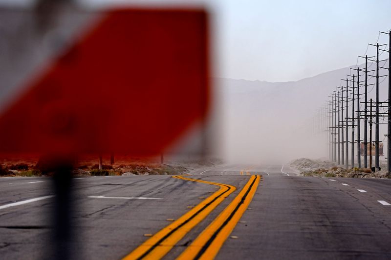 Road closure due to windblown dust causing poor visibility for motorists at Gene Autry Trail in Palm Springs, Calif., on Sunday, May 3, 2026.