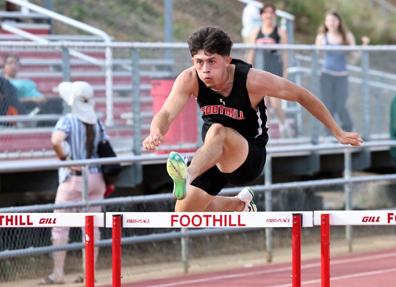 Blake Lema of Foothill High School runs to a first-place victory in the varsity 300-meter hurdles on Friday, May 1, 2026, at the Foothill “Top of the State” Invitational. He also finished first in the 110-meter hurdles.