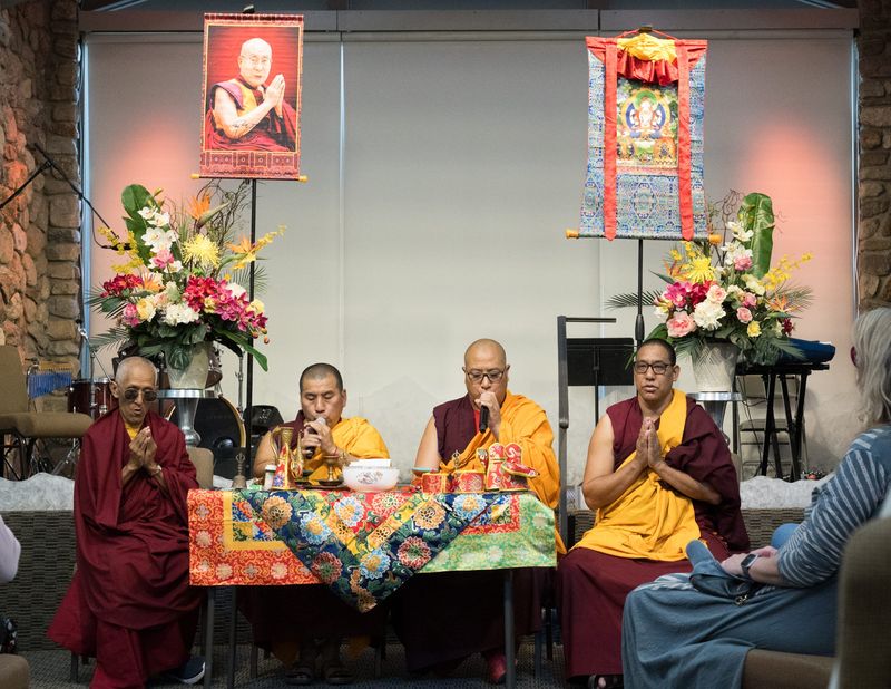 From left: Geshe Sonam, Usur Geshe Kelsang Gyatso, Venerable Jampa Tsultrim, and Venerable Dakpa Lobsang of Gaden Shartse Monastery performing a chanting tea ceremony at the Spiritual Center of the Desert in Palm Desert, Calif., on May 5, 2026.