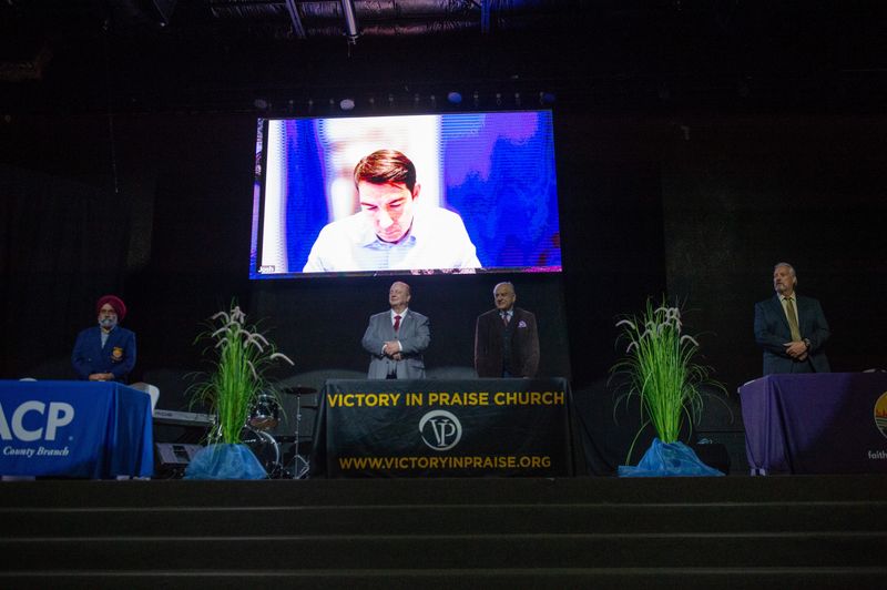 (L-r) Republican candidates Parminder Singh , Martin Veprauskas, Khalid Jeffrey Jafri and John McBride, with incumbent Josh Harder (D), on screen, during the Congress DIstrict 9 Candidate Forum at Victory in Praise Church in Stockton Monday, May 4, 2026.