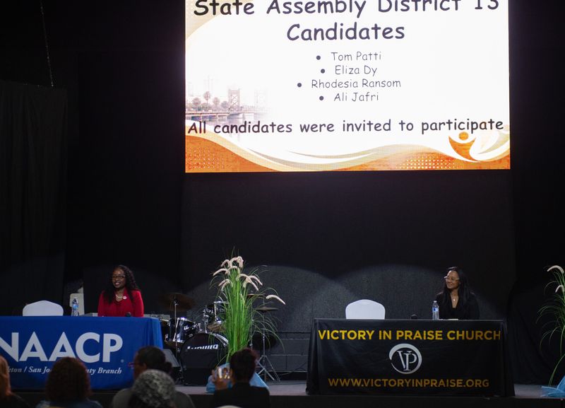 State Assembly District 13 incumbent Rhodesia Ransom (I) and candidate Eliza Dy during the Candidate Forum at Victory in Praise Church in Stockton Monday, May 4, 2026.