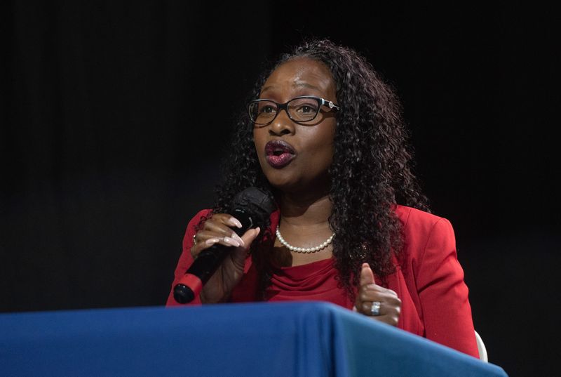 State Assembly District 13 incumbent Rhodesia Ransom (I) speaks during the Candidate Forum at Victory in Praise Church in Stockton Monday, May 4, 2026.
