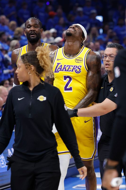 May 5, 2026; Oklahoma City, Oklahoma, USA; Los Angeles Lakers forward Jarred Vanderbilt (2) walks off the court and to the locker room in pain after a play against the Oklahoma City Thunder in the first half during game one of the second round of the 2026 NBA Playoffs at Paycom Center. Mandatory Credit: Alonzo Adams-Imagn Images