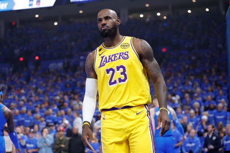 May 5, 2026; Oklahoma City, Oklahoma, USA; Los Angeles Lakers forward LeBron James (23) looks towards his bench after a play against the Oklahoma City Thunder in the first half during game one of the second round of the 2026 NBA Playoffs at Paycom Center. Mandatory Credit: Alonzo Adams-Imagn Images