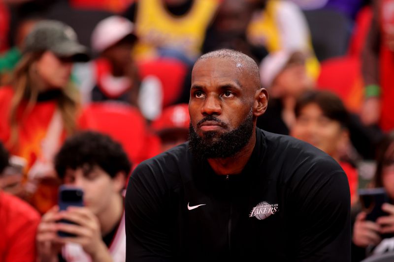 May 1, 2026; Houston, Texas, USA; Los Angeles Lakers forward Lebron James (23) prior to game six of the first round of the 2026 NBA Playoffs against the Houston Rockets at Toyota Center. Mandatory Credit: Erik Williams-Imagn Images