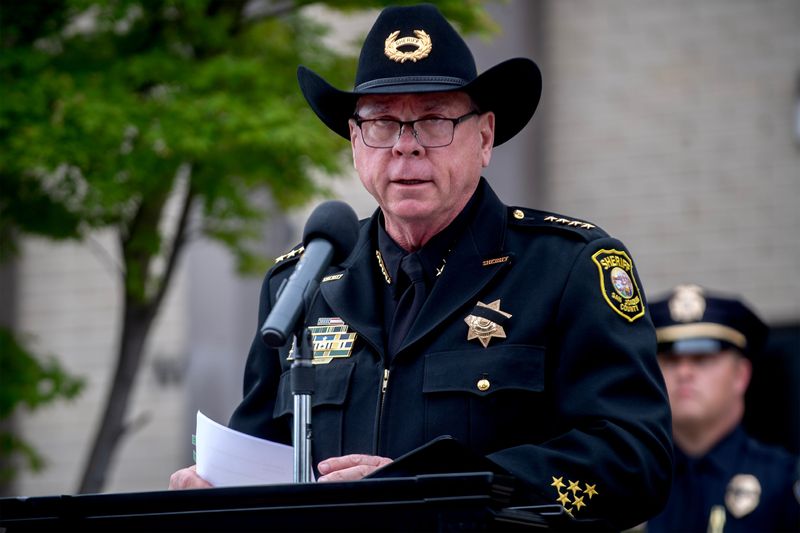San Joaquin County Sheriff Patrick Withrow reads the names of fallen officers at the annual Stockton Police Officers Association San Joaquin County Fallen Officers Memorial at the Stockton Police Operations Building in downtown Stockton on May 6, 2026.
