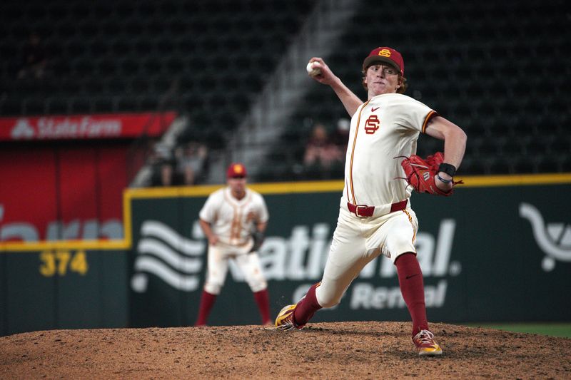 Mar 2, 2024; Arlington, TX, USA; Texas A&M Aggies compete against University of Southern California Trojans during the Kubota College Baseball Series - Weekend 3 at Globe Life Field. Mandatory Credit: Dustin Safranek-USA TODAY Sports
